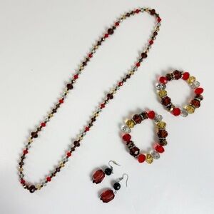 Jewelry Set Necklace 2 Bracelets 1 Earring Set Beaded Stretch Red Brown Yellow
